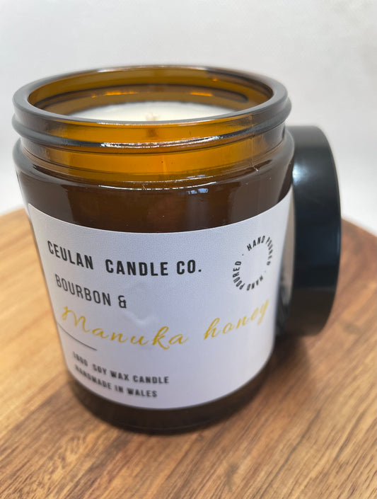 Bourbon & Manuka honey soy wax candle.